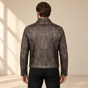 Men's Dark Brown Lambskin Spread-Collar Moto Jacket, model back view