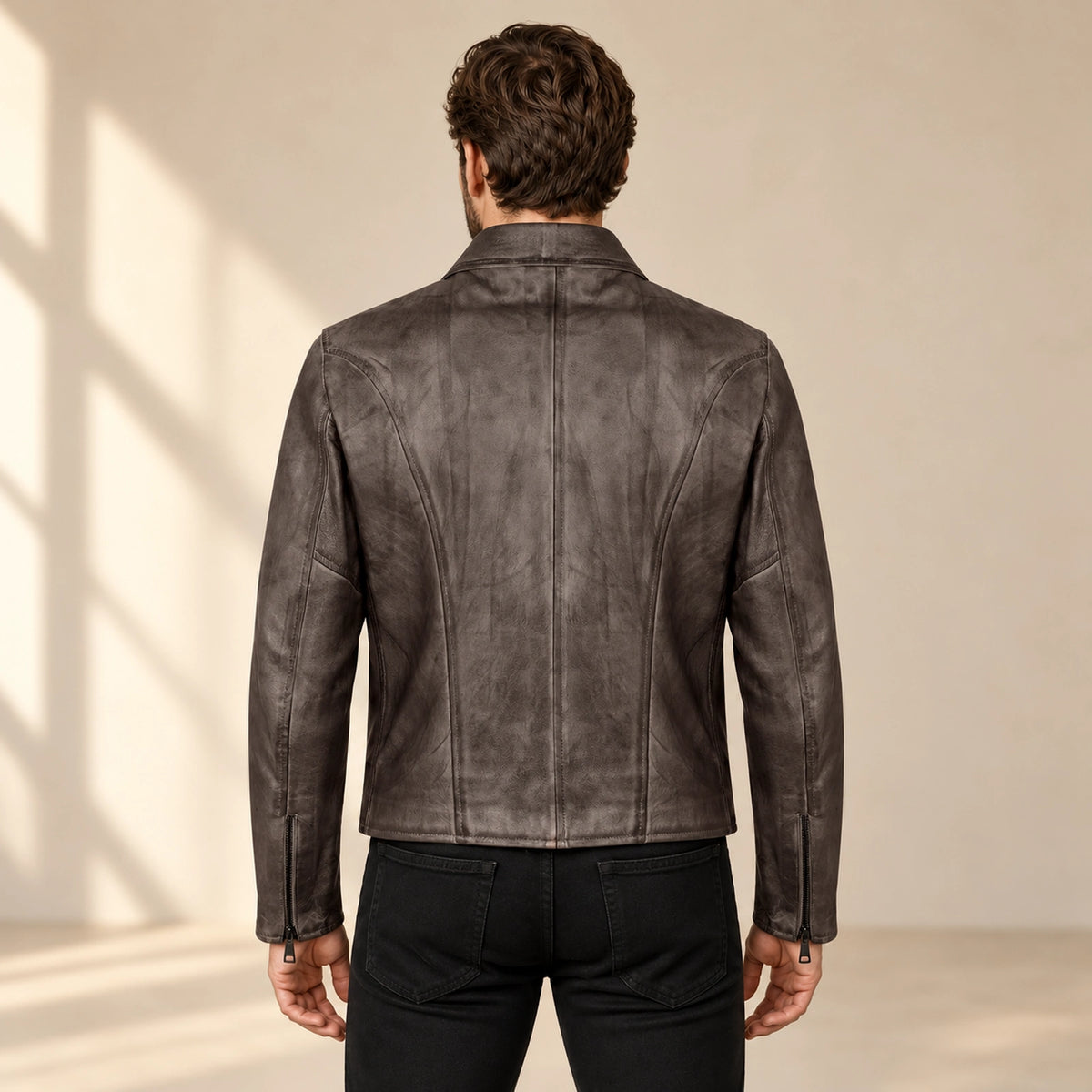 Men's Dark Brown Lambskin Spread-Collar Moto Jacket, model back view