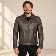 Men's Dark Brown Lambskin Spread-Collar Moto Jacket, model front view