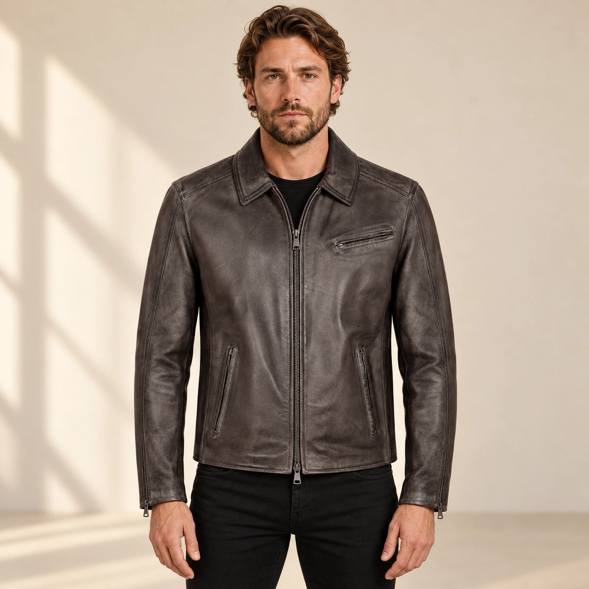 Men's Dark Brown Lambskin Spread-Collar Moto Jacket, model front view