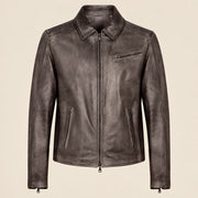 Men's Dark Brown Lambskin Spread-Collar Moto Jacket, product front view