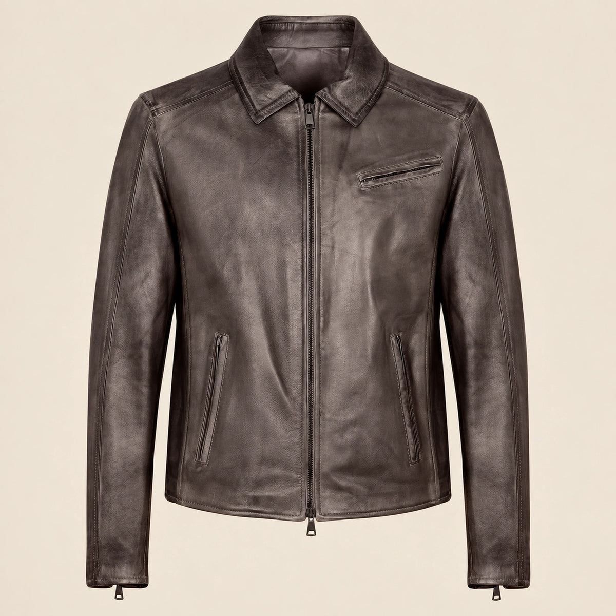 Men's Dark Brown Lambskin Spread-Collar Moto Jacket, product front view