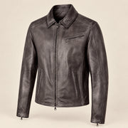 Men's Dark Brown Lambskin Spread-Collar Moto Jacket, side angle view