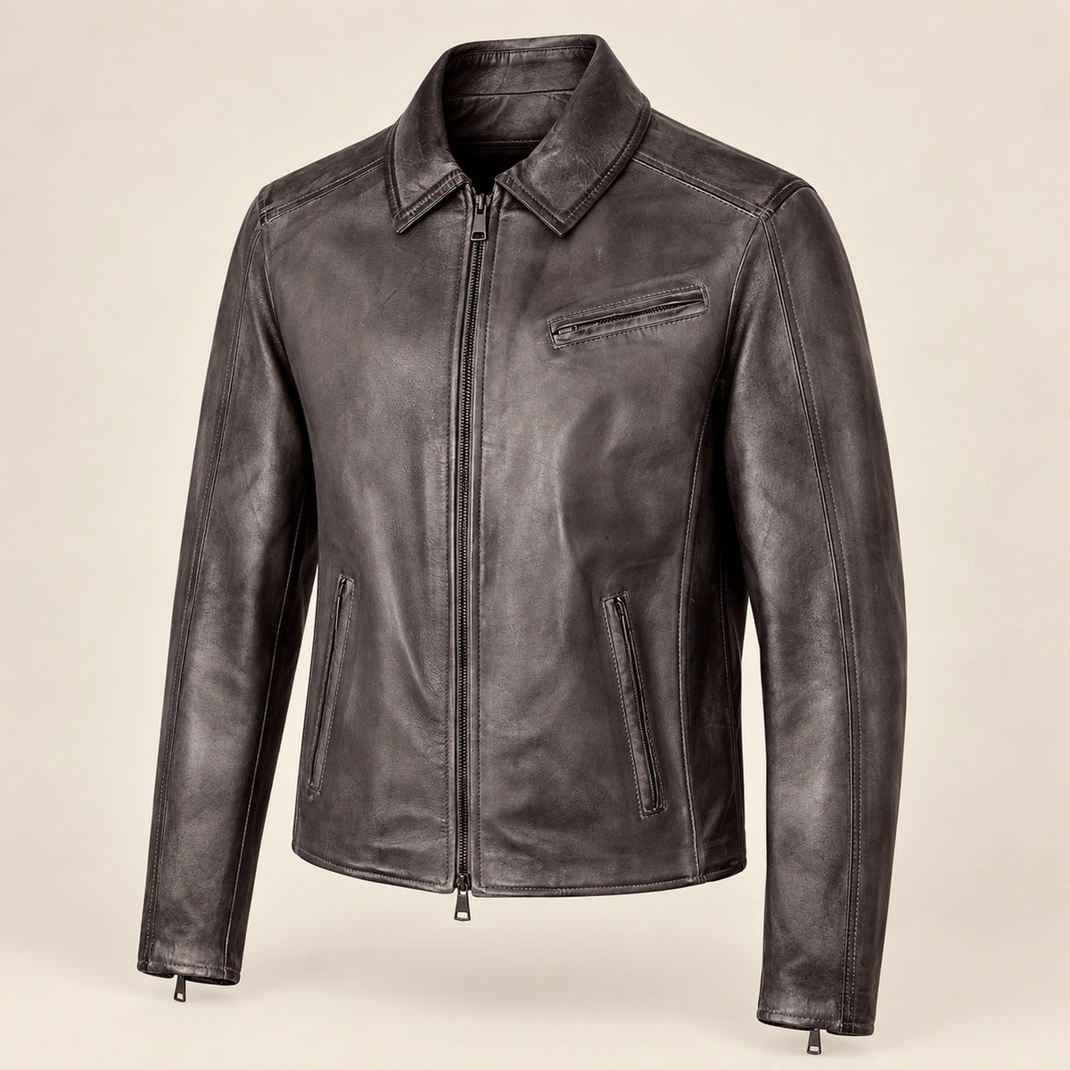 Men's Dark Brown Lambskin Spread-Collar Moto Jacket, side angle view