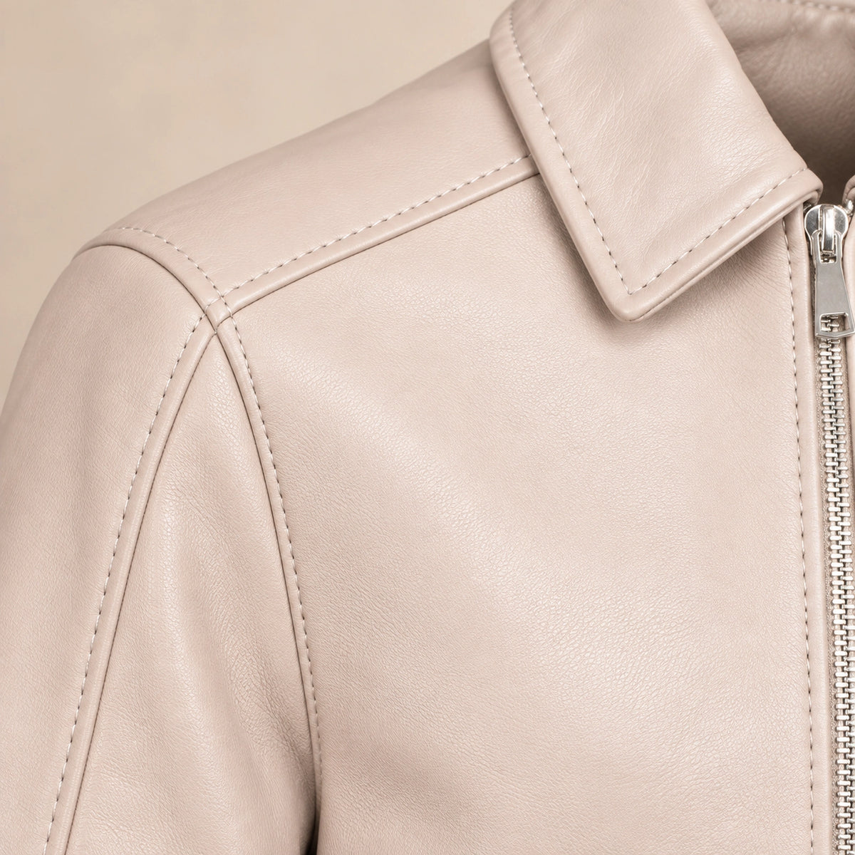 Men's Taupe Lambskin Spread-Collar Moto Jacket, close up view