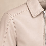Men's Taupe Lambskin Spread-Collar Moto Jacket, close up view