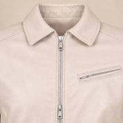 Men's Taupe Lambskin Spread-Collar Moto Jacket, hardware detail view