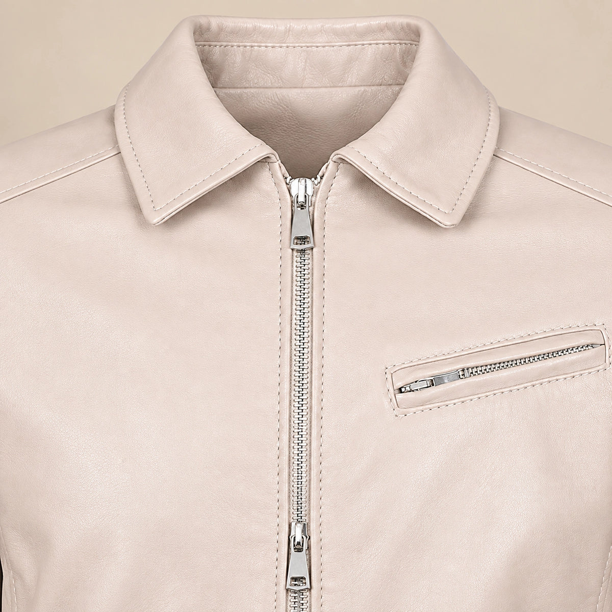 Men's Taupe Lambskin Spread-Collar Moto Jacket, hardware detail view