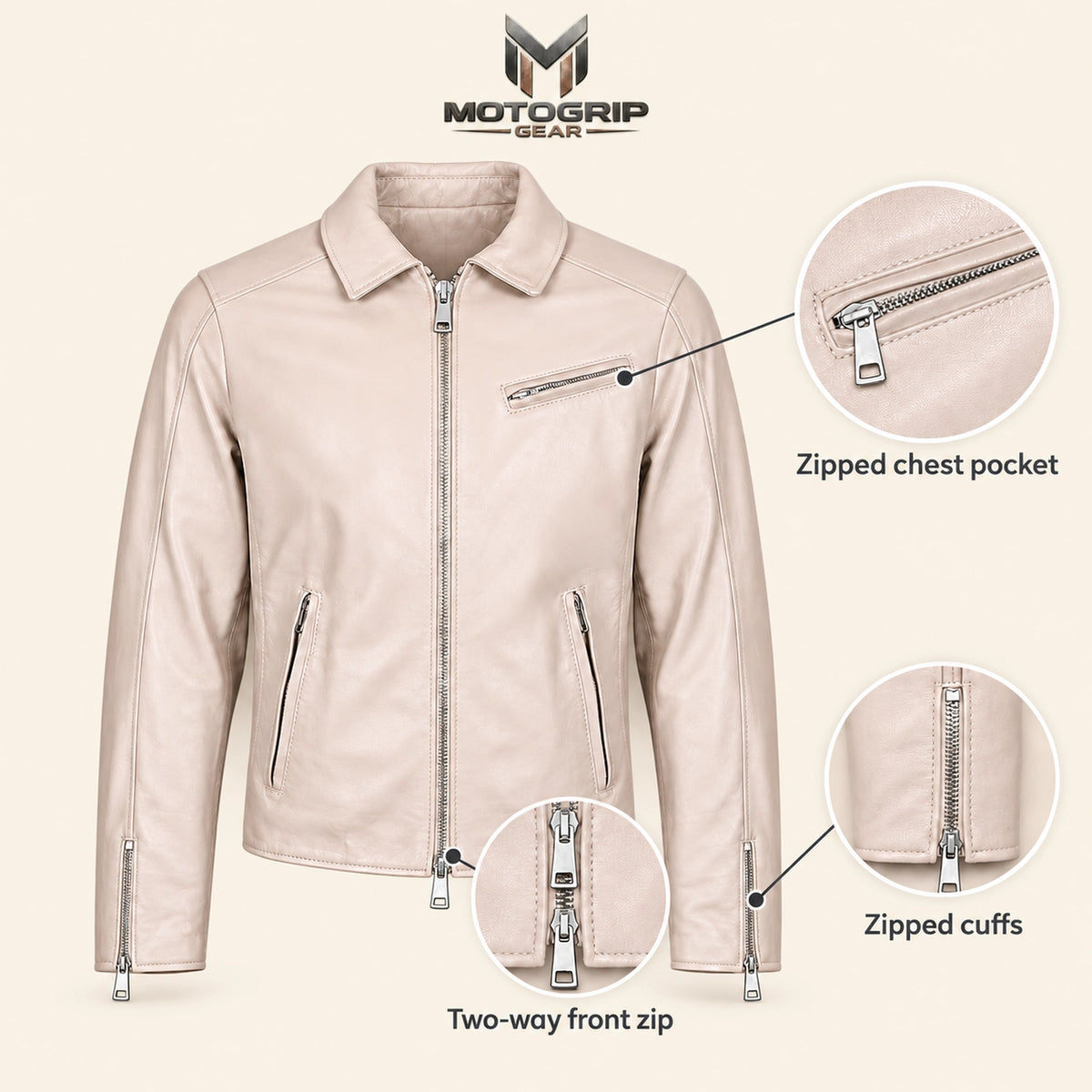 Men's Taupe Lambskin Spread-Collar Moto Jacket, infographic view