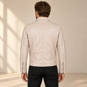 Men's Taupe Lambskin Spread-Collar Moto Jacket, model back view