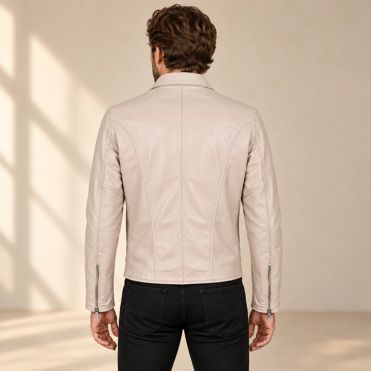 Men's Taupe Lambskin Spread-Collar Moto Jacket, model back view