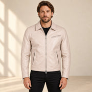 Men's Taupe Lambskin Spread-Collar Moto Jacket, model front view