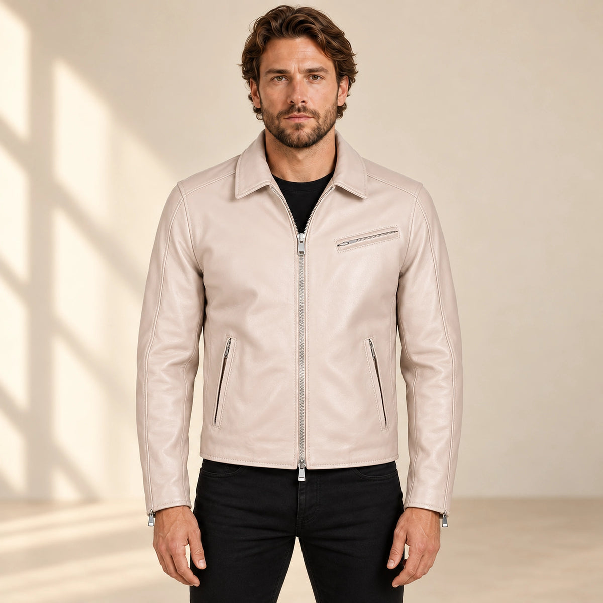 Men's Taupe Lambskin Spread-Collar Moto Jacket, model front view