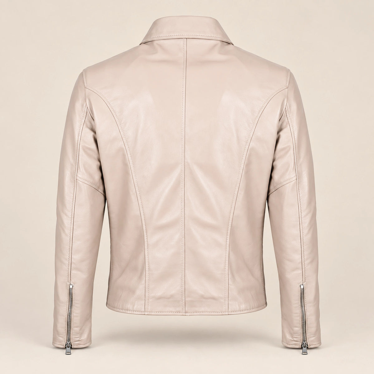Men's Taupe Lambskin Spread-Collar Moto Jacket, product back view