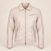 Men's Taupe Lambskin Spread-Collar Moto Jacket, product front view