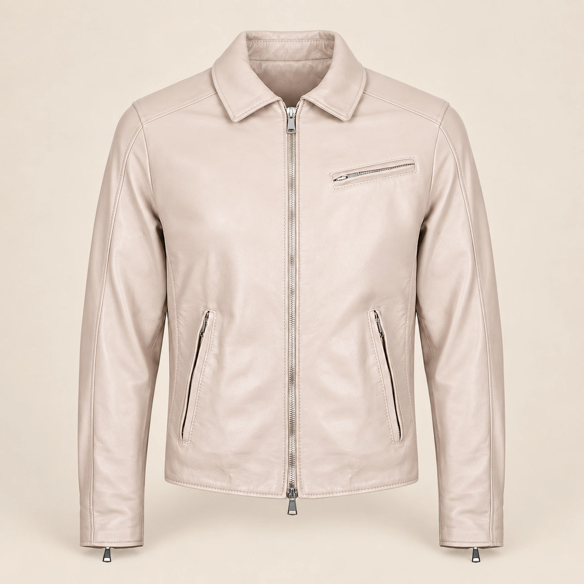 Men's Taupe Lambskin Spread-Collar Moto Jacket, product front view