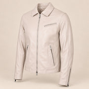 Men's Taupe Lambskin Spread-Collar Moto Jacket, side angle view