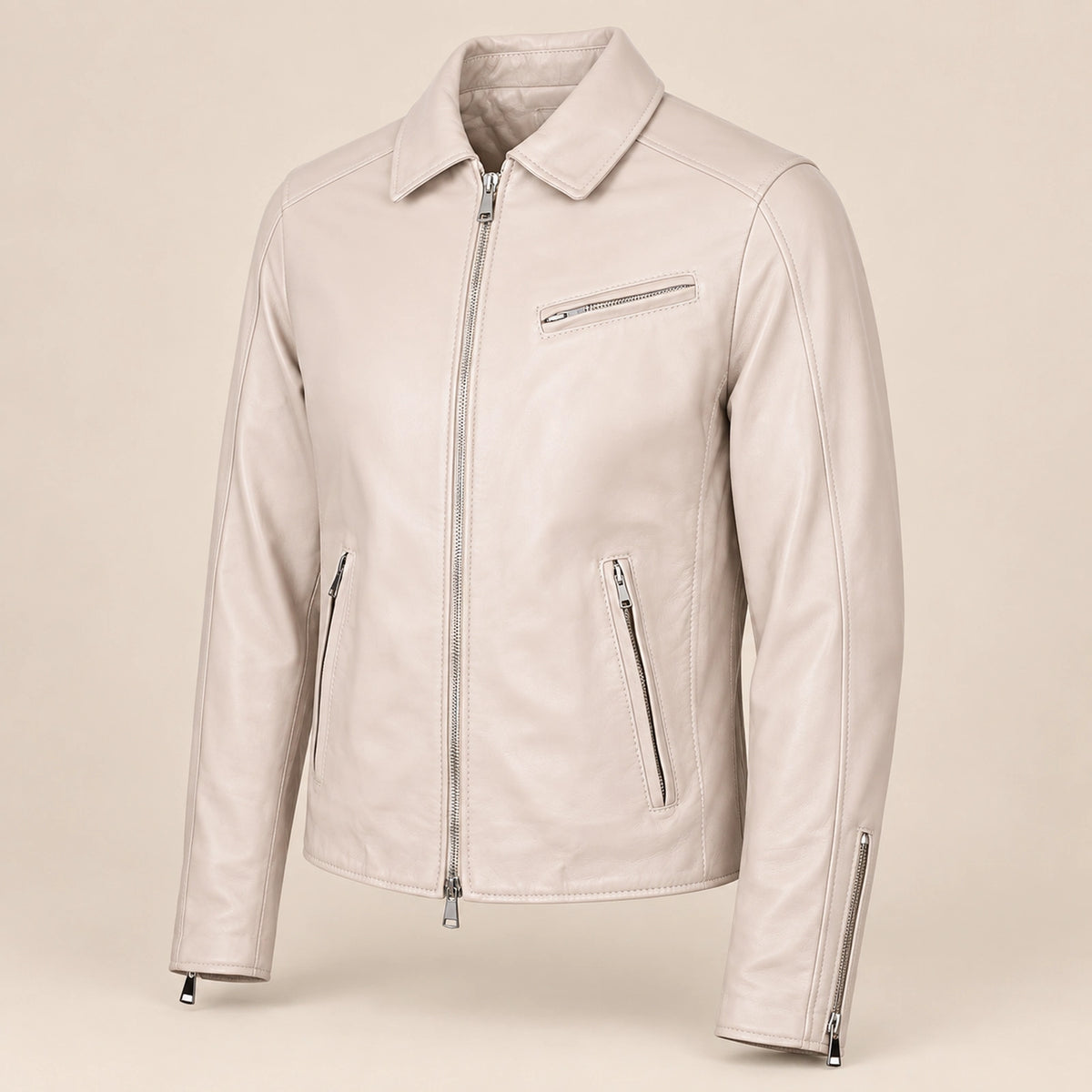 Men's Taupe Lambskin Spread-Collar Moto Jacket, side angle view