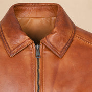 Men's Tobacco Tan Lambskin Spread-Collar Moto Jacket, close up view