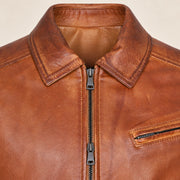 Men's Tobacco Tan Lambskin Spread-Collar Moto Jacket, hardware detail view