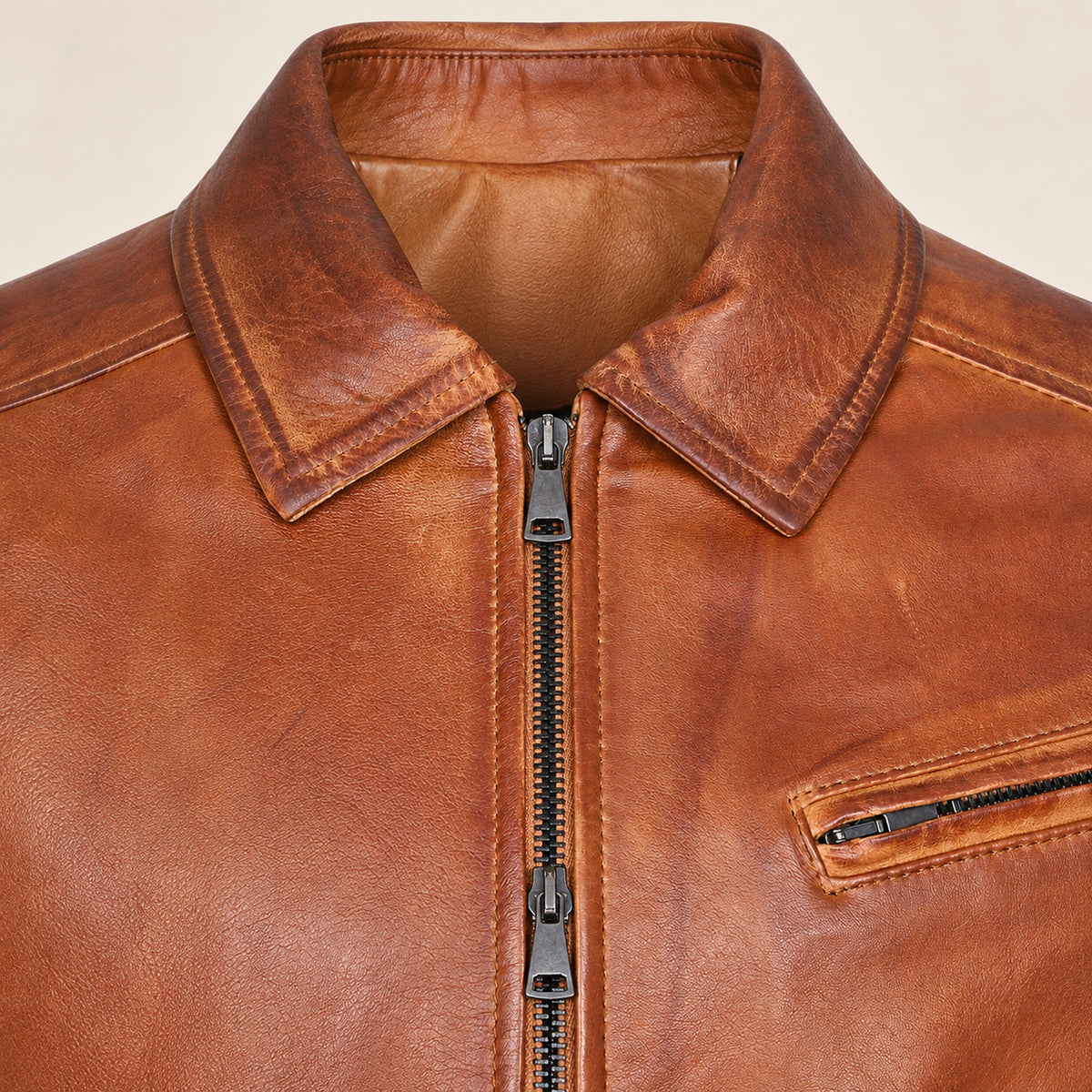 Men's Tobacco Tan Lambskin Spread-Collar Moto Jacket, hardware detail view