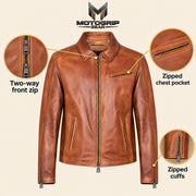 Men's Tobacco Tan Lambskin Spread-Collar Moto Jacket, infographic view