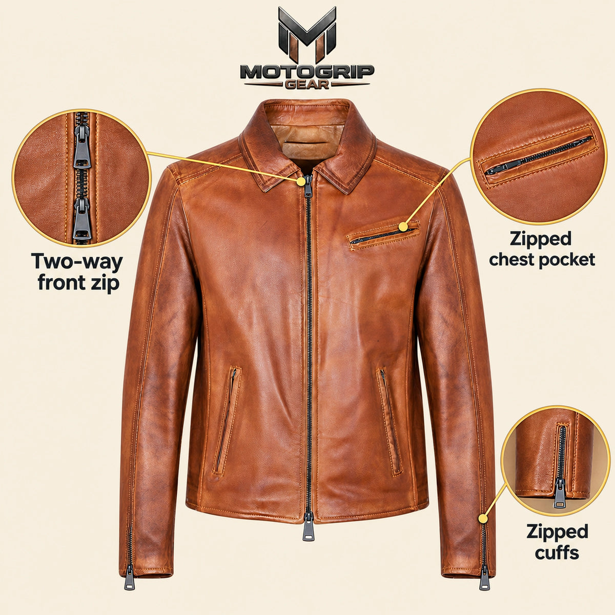 Men's Tobacco Tan Lambskin Spread-Collar Moto Jacket, infographic view