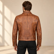 Men's Tobacco Tan Lambskin Spread-Collar Moto Jacket, model back view