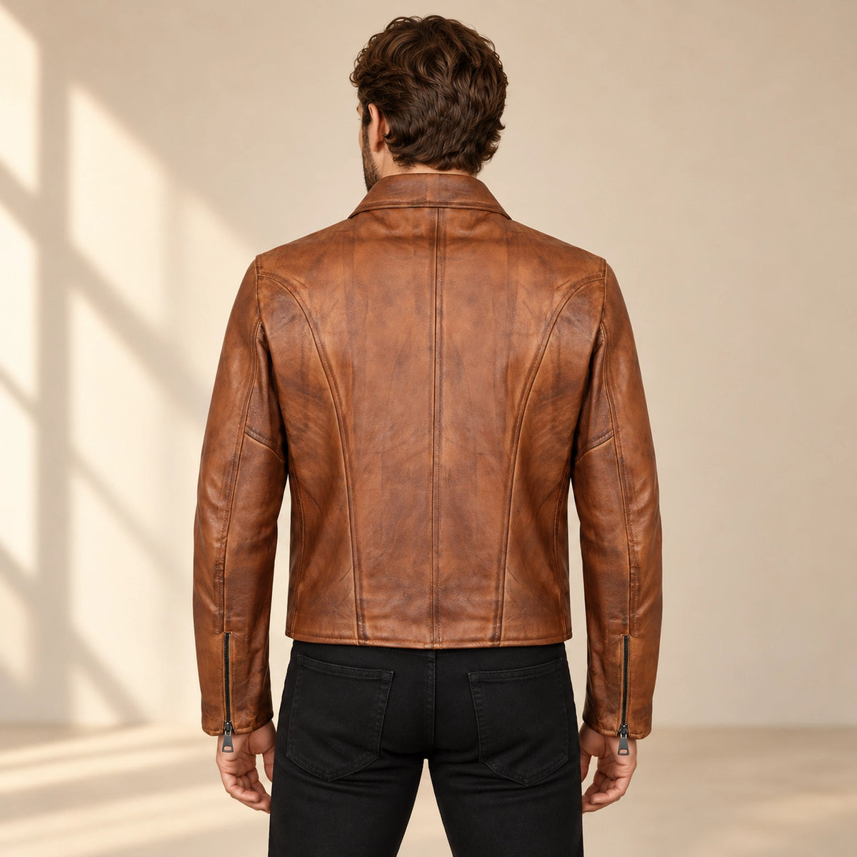 Men's Tobacco Tan Lambskin Spread-Collar Moto Jacket, model back view