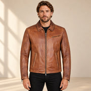 Men's Tobacco Tan Lambskin Spread-Collar Moto Jacket, model front view