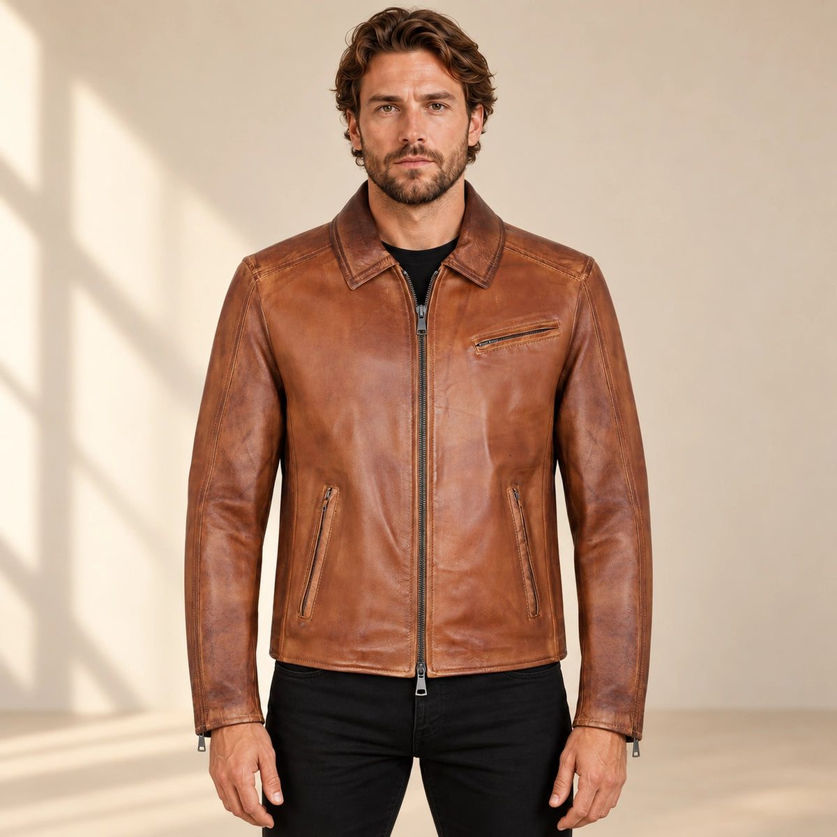 Men's Tobacco Tan Lambskin Spread-Collar Moto Jacket, model front view