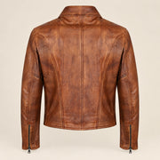 Men's Tobacco Tan Lambskin Spread-Collar Moto Jacket, product back view
