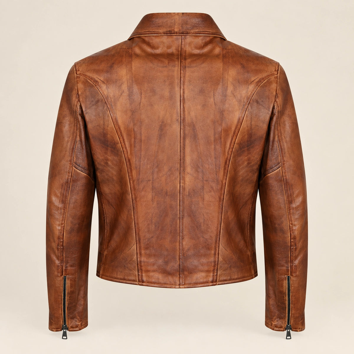Men's Tobacco Tan Lambskin Spread-Collar Moto Jacket, product back view