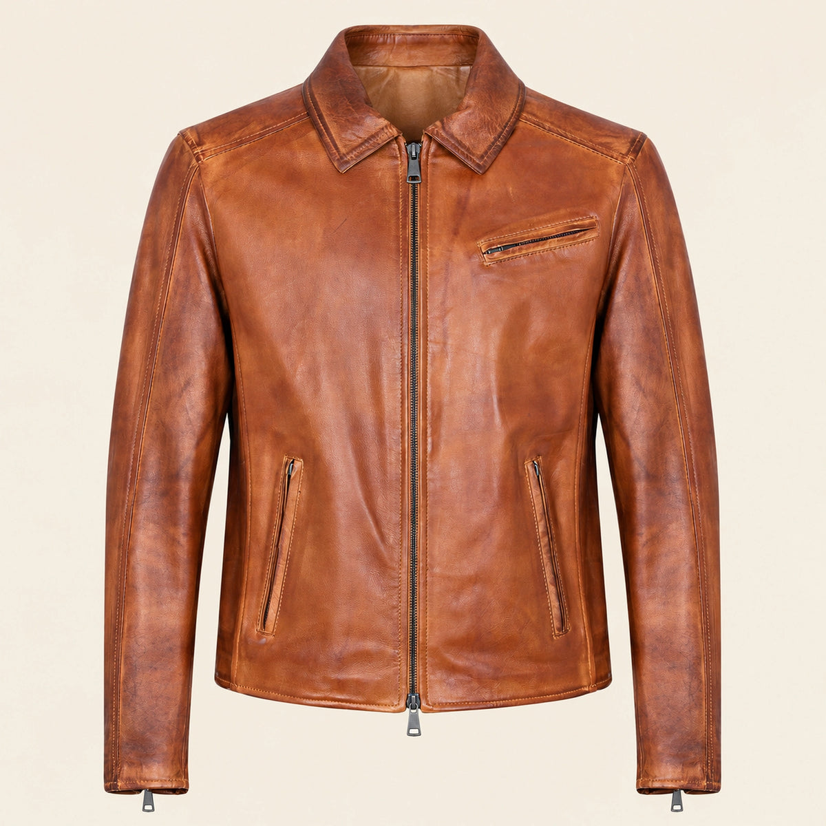 Men's Tobacco Tan Lambskin Spread-Collar Moto Jacket, product front view