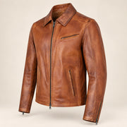 Men's Tobacco Tan Lambskin Spread-Collar Moto Jacket, side angle view