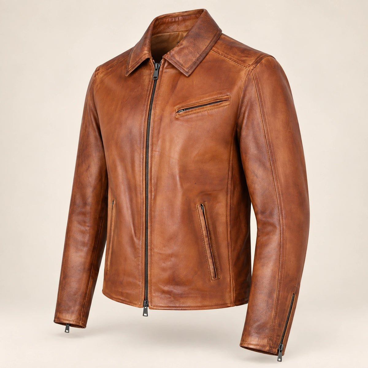 Men's Tobacco Tan Lambskin Spread-Collar Moto Jacket, side angle view
