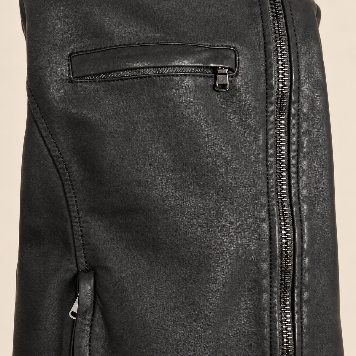 Black men's snap-collar lambskin biker jacket, close up.