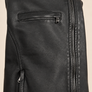 Black men's snap-collar lambskin biker jacket, close up.