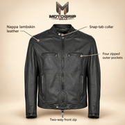 Black men's snap-collar lambskin biker jacket, infographic.