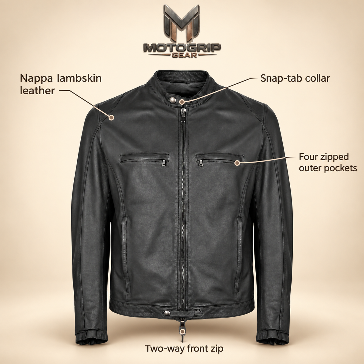Black men's snap-collar lambskin biker jacket, infographic.