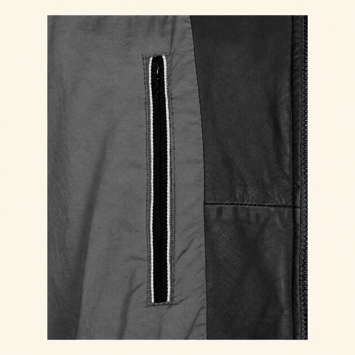 Black men's snap-collar lambskin biker jacket, inner.