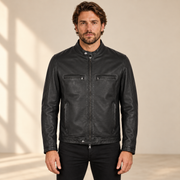 Black men's snap-collar lambskin biker jacket, model front.
