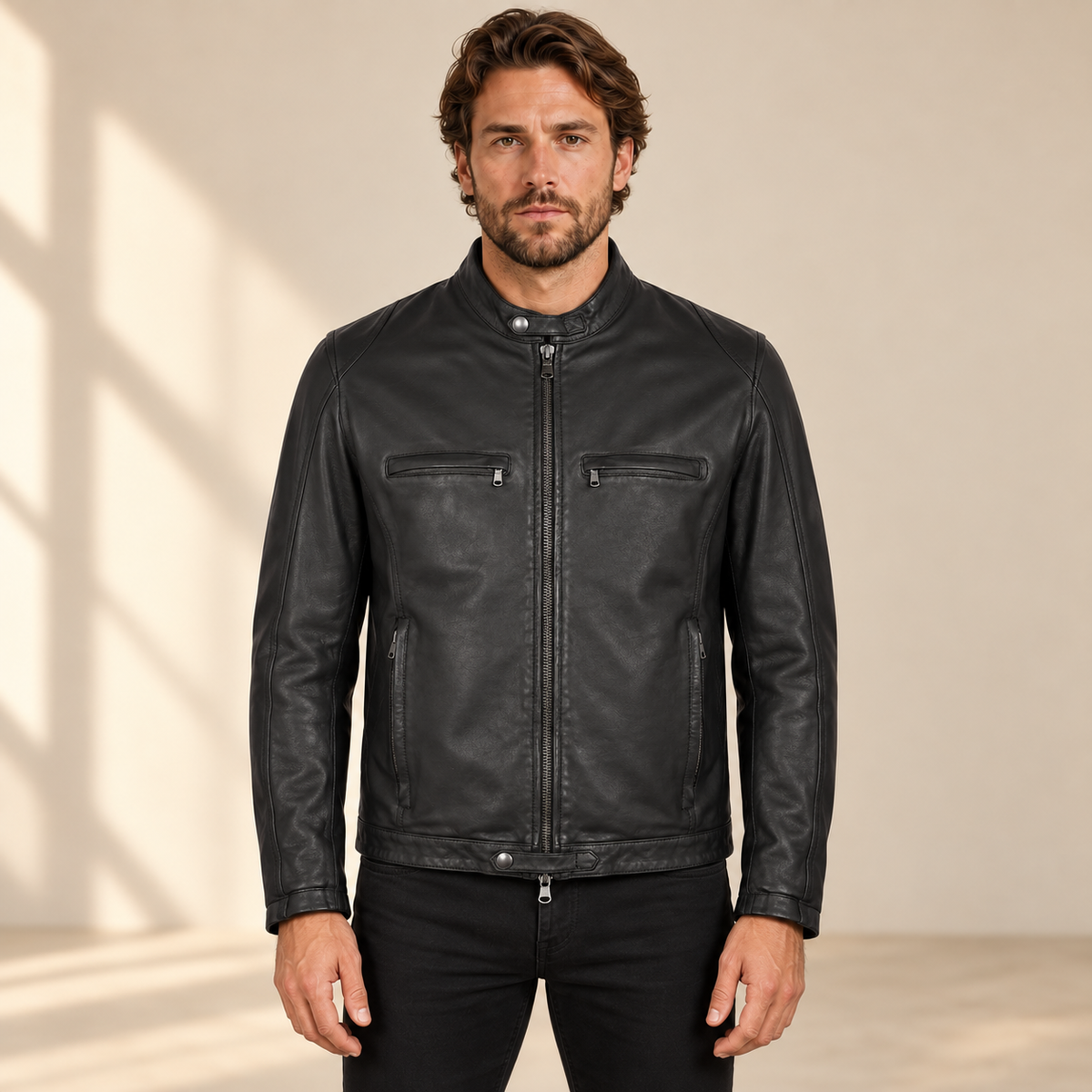 Black men's snap-collar lambskin biker jacket, model front.