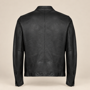 Black men's snap-collar lambskin biker jacket, product back.