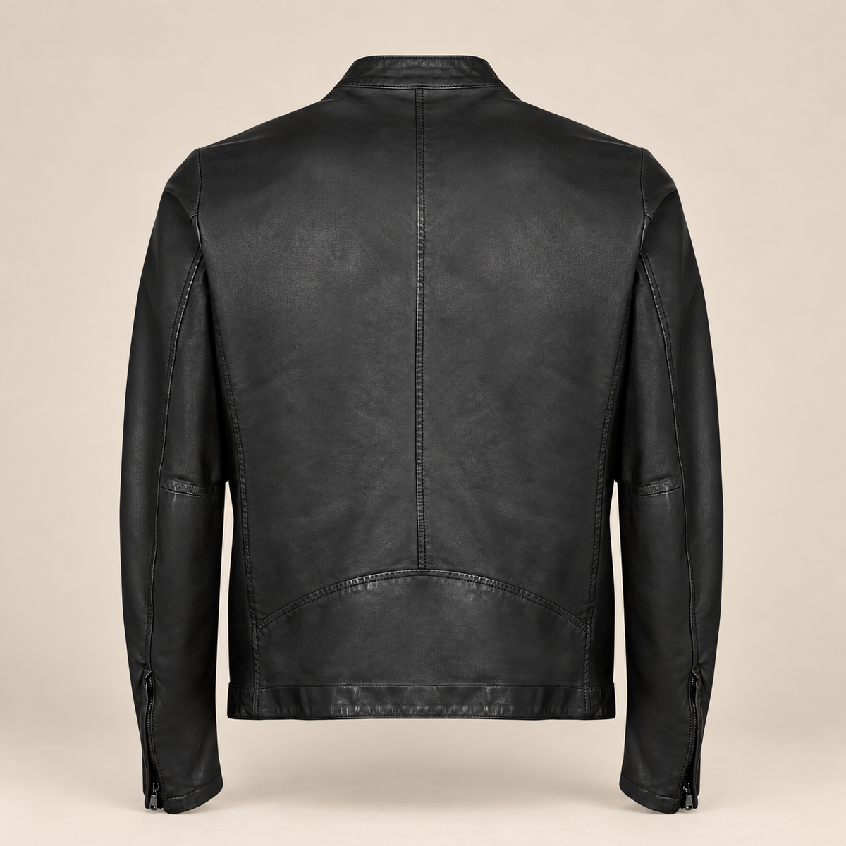 Black men's snap-collar lambskin biker jacket, product back.