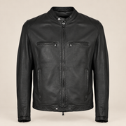 Black men's snap-collar lambskin biker jacket, product front.