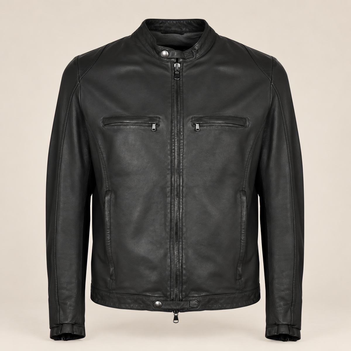 Black men's snap-collar lambskin biker jacket, product front.