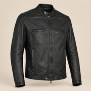 Black men's snap-collar lambskin biker jacket, side angle.