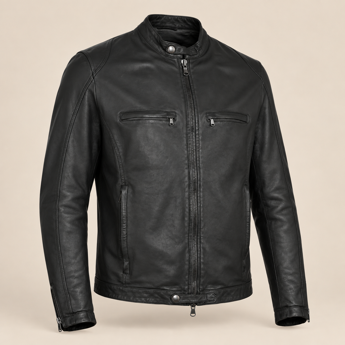 Black men's snap-collar lambskin biker jacket, side angle.