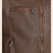 Brown men's snap-collar lambskin biker jacket, close up.